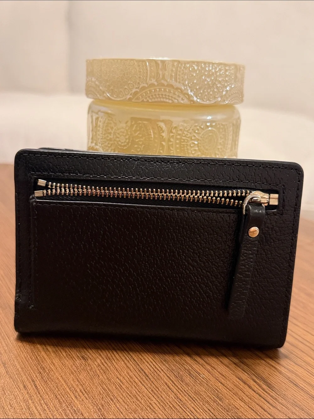 kate spade black leather wallet with gold logo